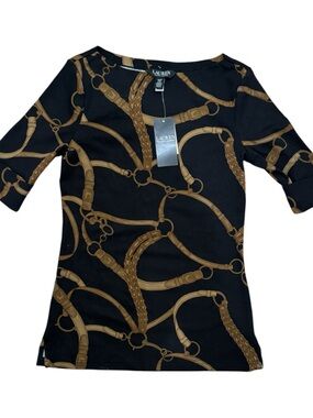 Lauren Ralph Lauren Black & Brown Chain-Print Short Sleeve Boat Neck Top